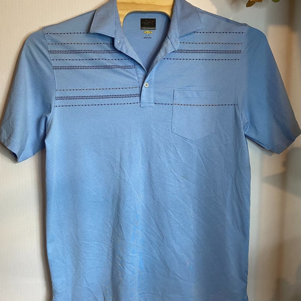 Greg Norman Play Dry Polo Shirt Sky Blue with Unique Design Size Large